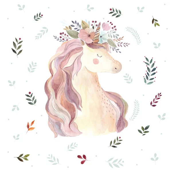 Cabeza Unicornio Mágico Ornamento Floral Aislado Sobre Fondo Blanco Ilustración — Archivo Imágenes Vectoriales