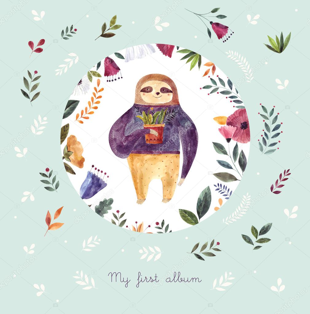 My first album cover with cute cartoon sloth and floral ornament on blue background, vector illustration