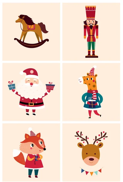 Kleurrijke Vectorillustratie Van Kerstkaarten Set Met Nieuwjaar Speelgoed Geschenken Stripfiguren — Stockvector