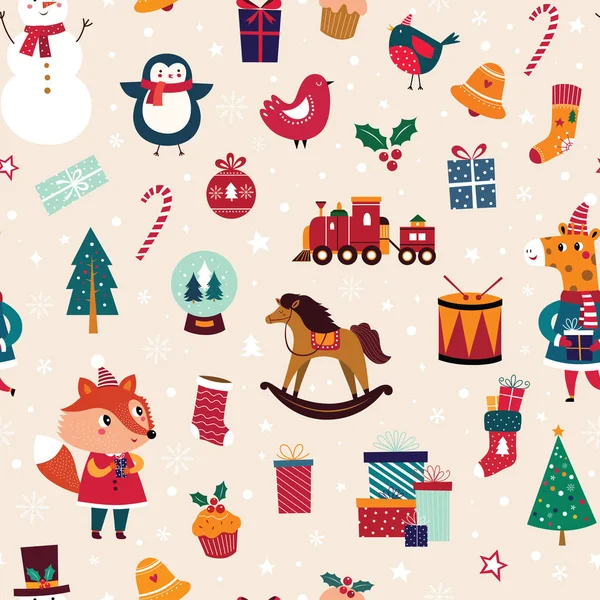无缝假日样式的五颜六色的向量例证 圣诞背景与新年玩具 礼物和卡通人物 — 图库矢量图片