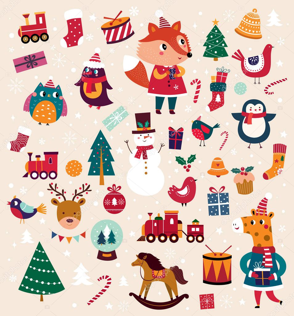 Colorful vector illustration of Christmas set with New year toys, gifts and cartoon characters 