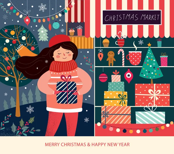 Illustration Vectorielle Avec Des Cadeaux Fille Noël Marché Noël — Image vectorielle