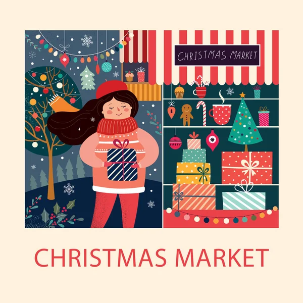 Illustration Vectorielle Avec Des Cadeaux Fille Noël Marché Noël — Image vectorielle