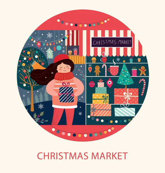 女の子とクリスマス プレゼントのベクトル図 クリスマス マーケット — ストックベクタ