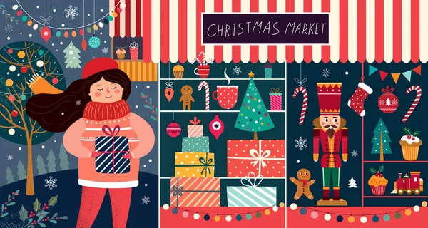 Illustration Vectorielle Avec Des Cadeaux Fille Noël Marché Noël — Image vectorielle