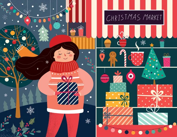 女の子とクリスマス プレゼントのベクトル図 クリスマス マーケット — ストックベクタ
