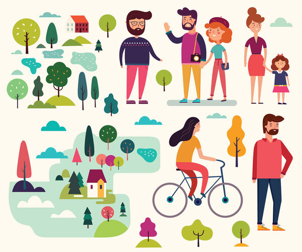 Vector set with icons. People on the walk