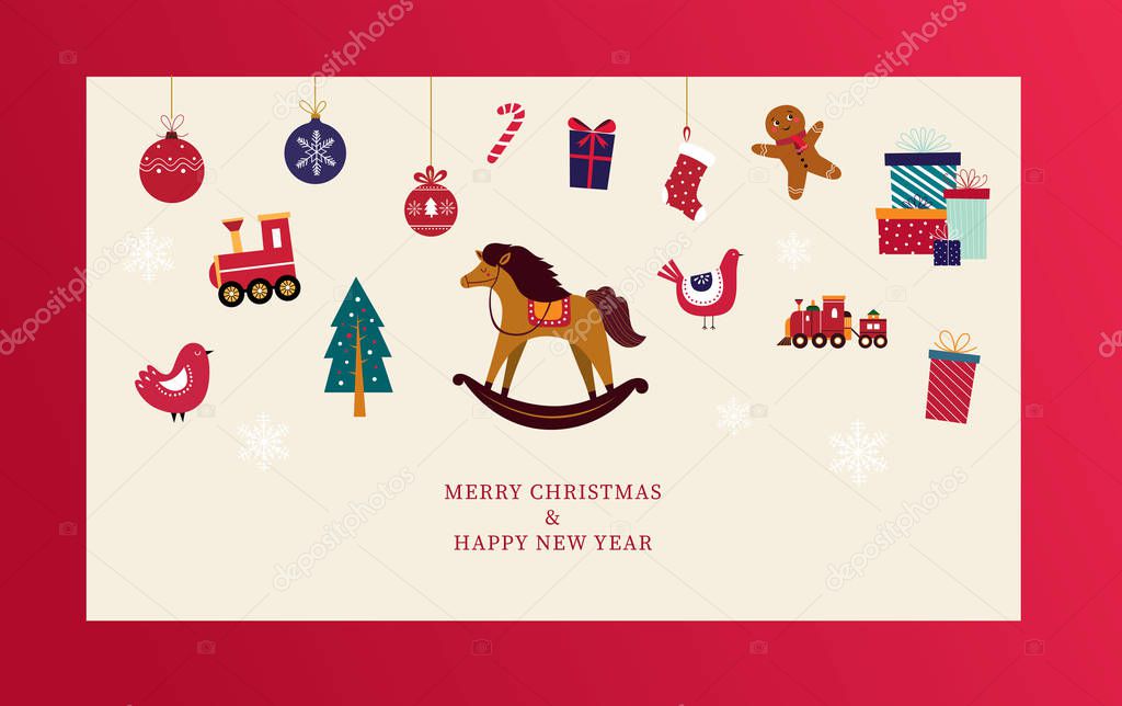 Christmas greeting card with toys. Christmas sale