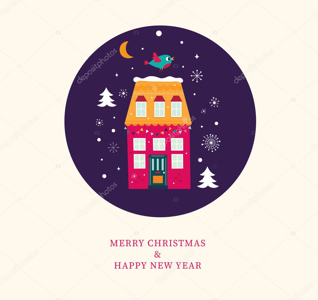 Christmas greeting card with night city