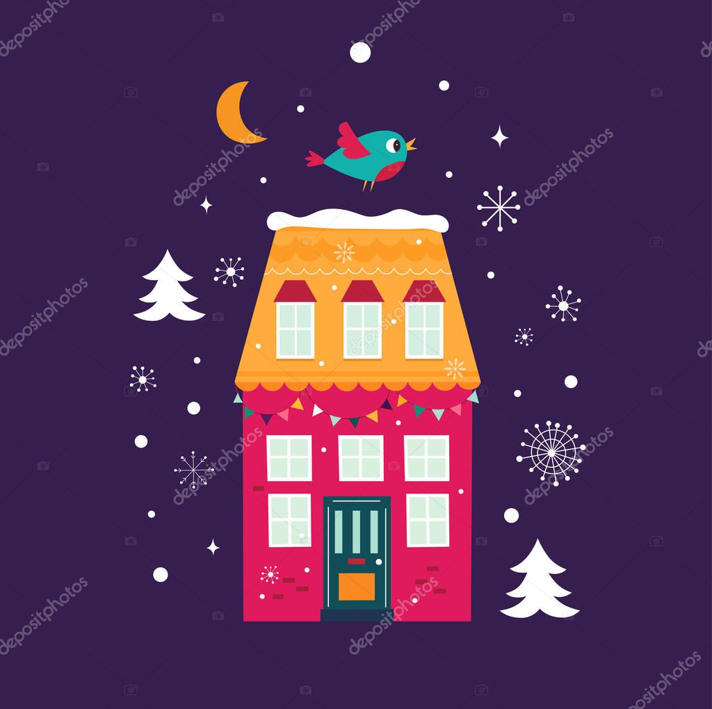 Christmas greeting card with night city