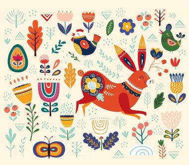 Vektör etnik Paskalya desenle tavşan ve dekoratif çiçek öğeleri