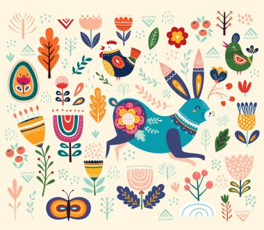 Vektör etnik Paskalya desenle tavşan ve dekoratif çiçek öğeleri