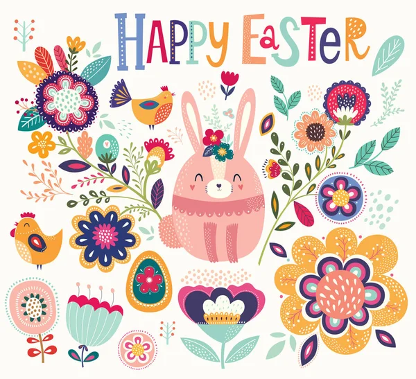 Vettore Saluto Pasqua Illustrazione Con Coniglietto Carino Fiori Biglietto Auguri — Vettoriale Stock