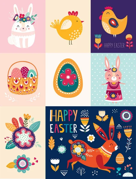Sevimli Tavşan Çiçeklerle Vektör Çizim Easter Illüstrasyon — Stok Vektör