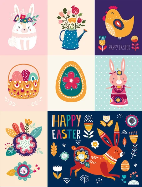 Vector Illustrations Cute Bunny Easter Egg Flowers Easter Illustration — Stock Vector