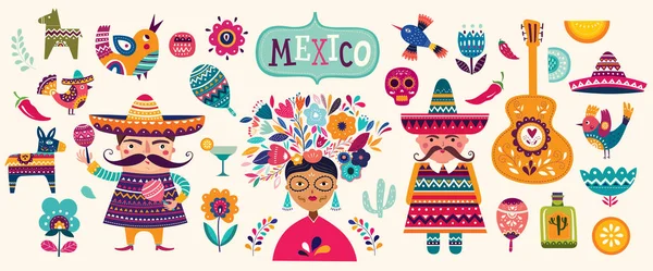 멕시코 컬렉션입니다 멕시코 디자인으로 일러스트 기념일 있습니다 전통적인 멕시코 두개골 — 스톡 벡터