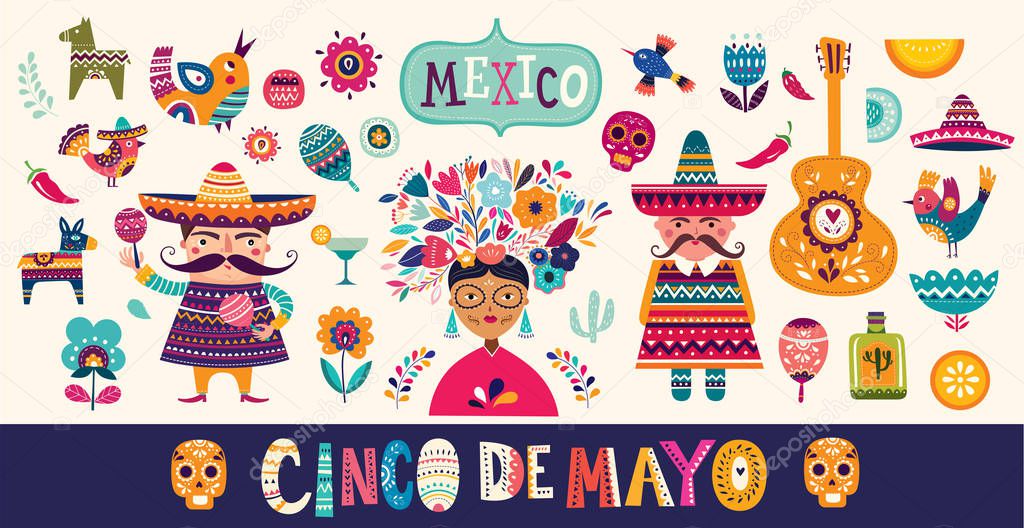 Mexican collection. Beautiful vector illustration with design  for Mexican holiday 5 may Cinco De Mayo. Vector template with traditional Mexican symbols skull, Mexican guitar, flowers, red pepper, Mexican man, Mexican woman