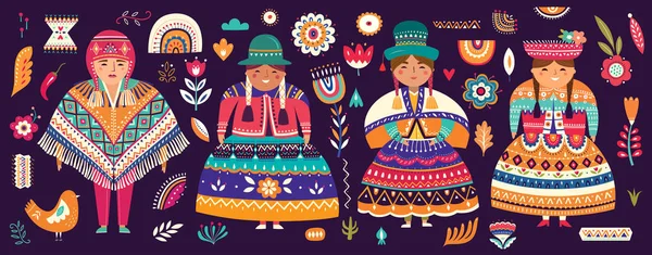 チリのシンボルのコレクションです ペルー ボリビアの民族衣装 — ストックベクタ