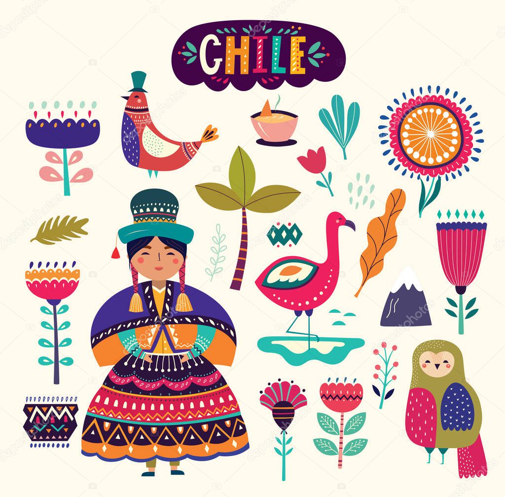 Collection of Chile's symbols.  National costumes of Chile, Peru and Bolivia