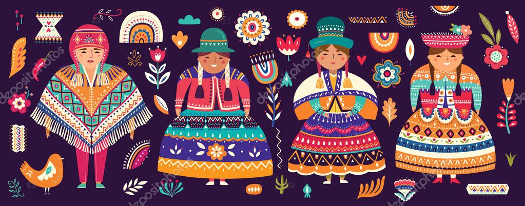 Collection of Chile's symbols. National costumes of Chile, Peru and Bolivia