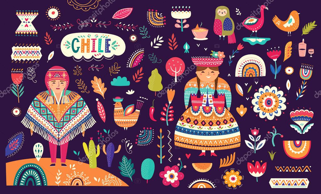 Collection of Chile's symbols.  National costumes of Chile, Peru and Bolivia
