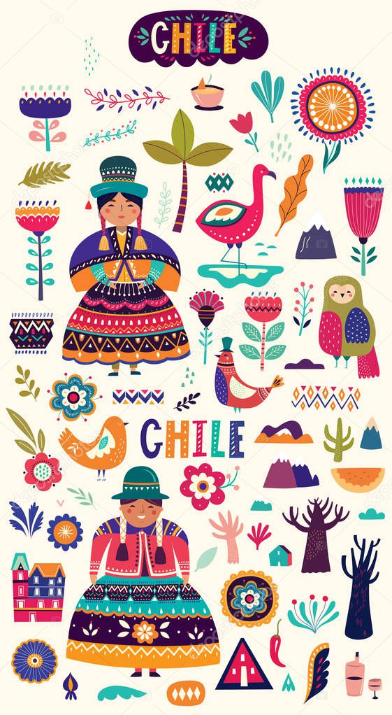 Collection of Chile's symbols.  National costumes of Chile, Peru and Bolivia