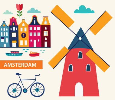 Vektör çizim karikatür tarzı Amsterdam sembollerle