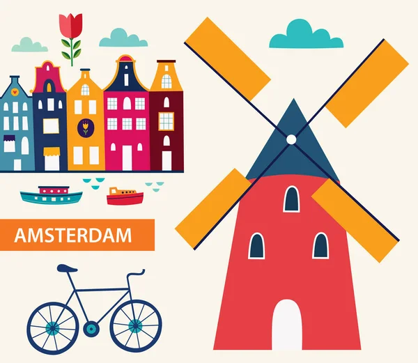 Ilustración vectorial en estilo de dibujos animados con símbolos de Amsterdam — Vector de stock