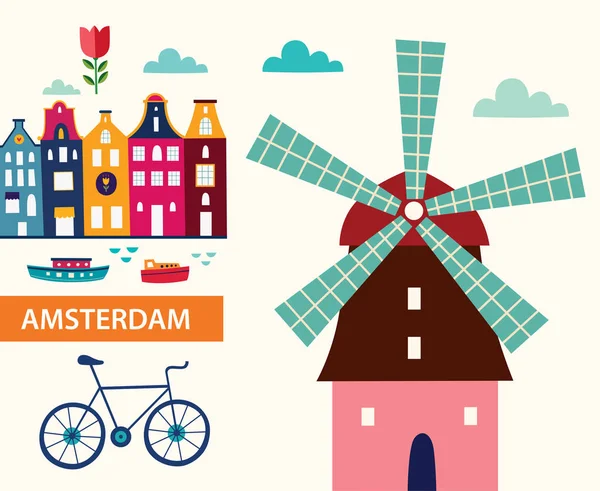 Ilustración vectorial en estilo de dibujos animados con símbolos de Amsterdam — Vector de stock