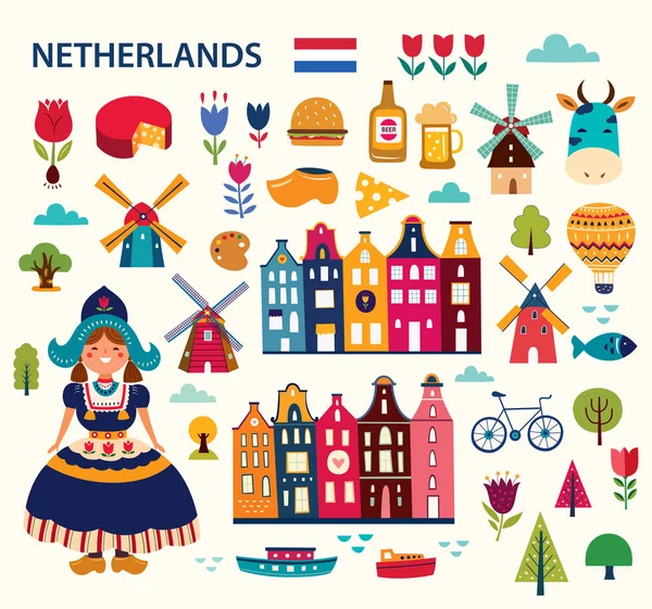 Ilustración Vectorial Estilo Dibujos Animados Con Símbolos Holanda — Vector de stock