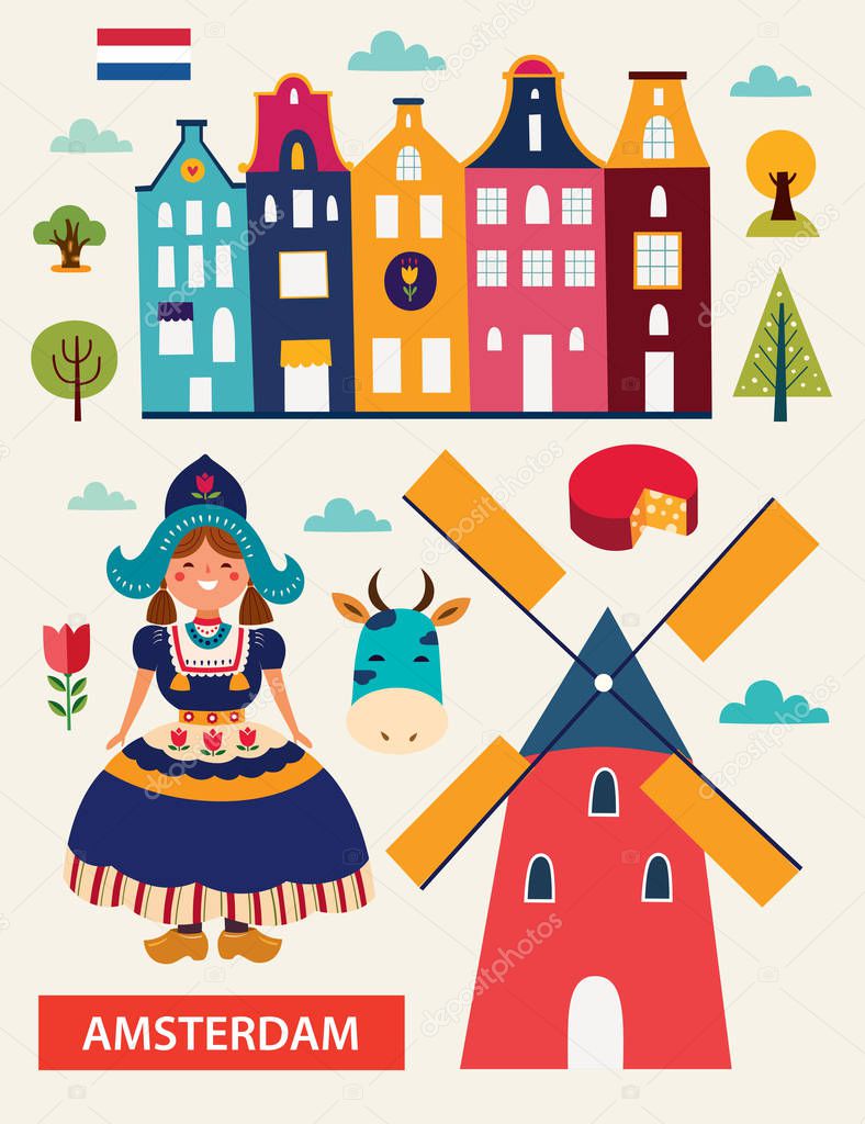 Vector illustration in cartoon style with symbols of Netherlands