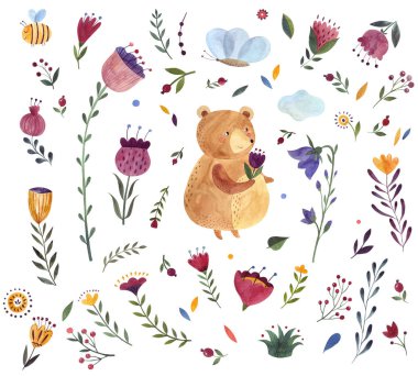Sevimli Bear ile Suluboya illüstrasyon. Suluboya hayvanı. Suluboya sanat. Suluboya bebek deseni