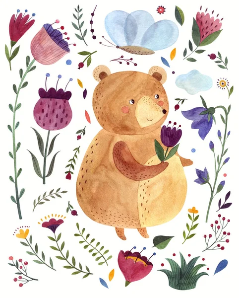 Akvarel Ilustrace Roztomilým Medvědem Vodní Barevný Zvíře Kresba Akvarel — Stock fotografie