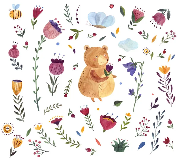 水彩插图与可爱的熊 水彩动物 水彩图稿 水彩婴儿图案 — 图库照片