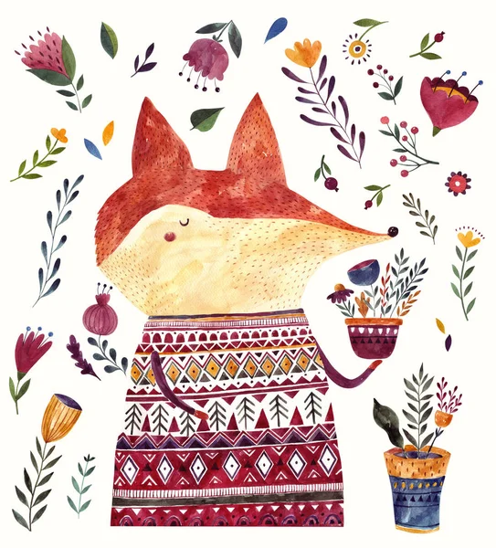 Akwarela Ilustracji Cute Fox Akwarela Zwierzę Akwarelowe Dzieła Sztuki — Zdjęcie stockowe