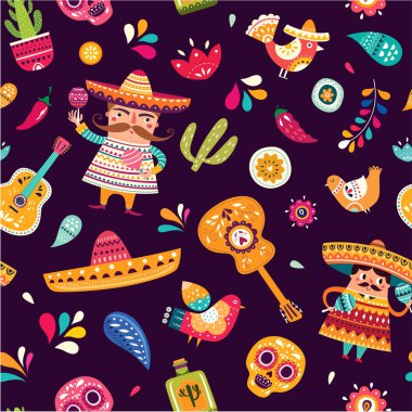 Meksika tatil için tasarım vektör illüstrasyon 5 Cinco De Mayo olabilir. Geleneksel Meksika sembolleri kafatası, Meksika gitar, çiçek, kırmızı biber ile Vektör şablonu. Meksika dikişsiz desen