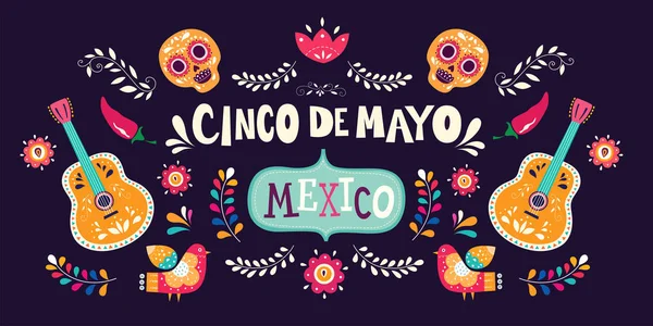 Ilustração vetorial com design para feriado mexicano 5 Maio Cinco De Mayo. Modelo de vetor com símbolos mexicanos tradicionais crânio, guitarra mexicana, flores, pimenta vermelha — Vetor de Stock