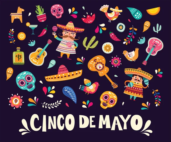 Vektorillustration mit Design für mexikanischen Urlaub 5 may cinco de mayo. Vektorschablone mit traditionellen mexikanischen Symbolen Totenkopf, mexikanische Gitarre, Blumen, roter Pfeffer — Stockvektor