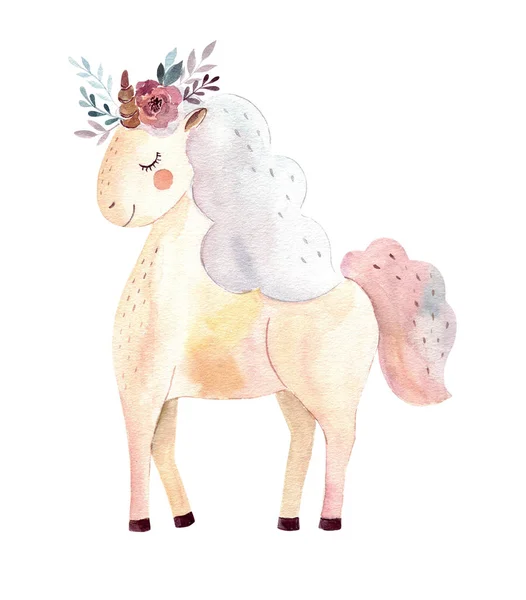 Acuarela Ilustración Lindo Unicornio Flores —  Fotos de Stock