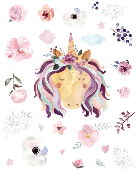 花や蝶と水彩ピンクのユニコーン ベクターイラスト — ストック写真
