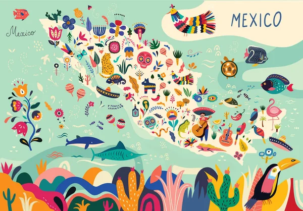 Χάρτης Του Μεξικού Παραδοσιακά Σύμβολα Και Διακοσμητικά Στοιχεία — Διανυσματικό Αρχείο