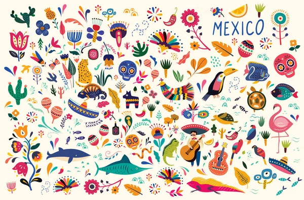 Pola Vektor Dekoratif Meksiko Peta Meksiko Dengan Simbol Tradisional Dan - Stok Vektor