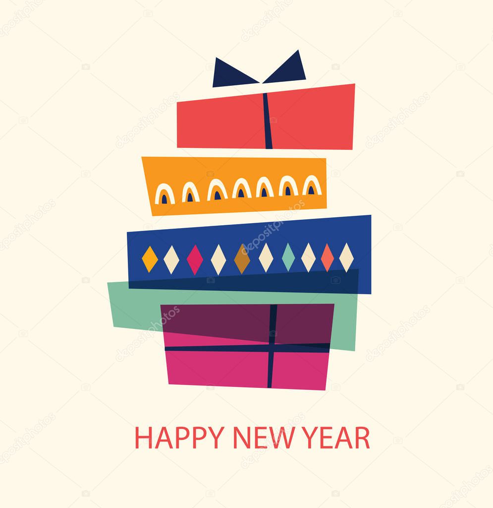 Vector illustration with gift boxes. Holiday greeting card for New Year and Christmas holidays