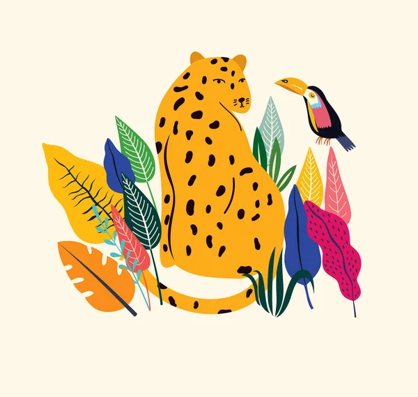 Vector Tropical Ilustración Colorida Con Leopardo Flores Hojas Colección Tropical — Archivo Imágenes Vectoriales