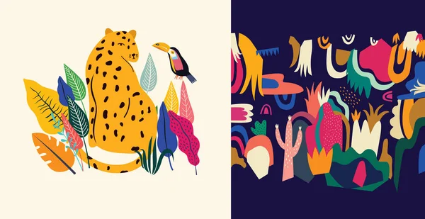 Vetor Tropical Ilustração Colorida Com Leopardo Flores Folhas — Vetor de Stock