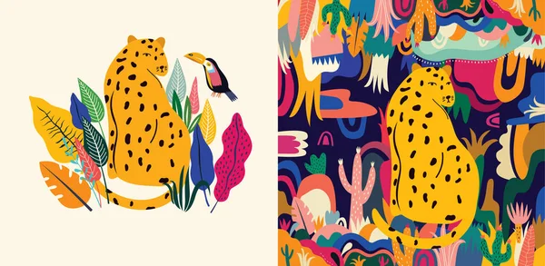 Vetor Tropical Ilustração Colorida Com Leopardo Flores Folhas — Vetor de Stock