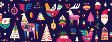 Geyik, Noel ağacı, kuş ile İskandinav halk tarzı Noel dikişsiz desen