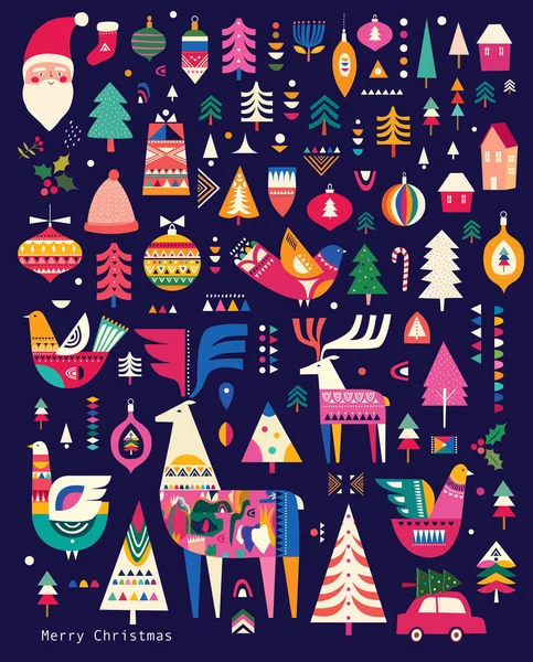 Collezione Natalizia Decorativa Stile Folk Scandinavo Con Cervo Albero Natale — Vettoriale Stock