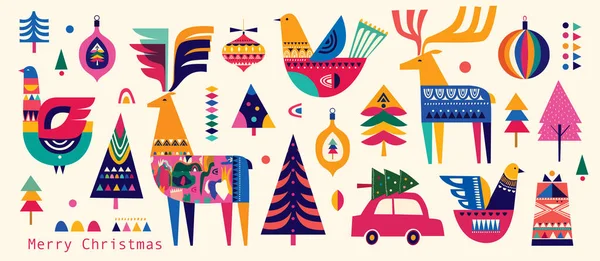 Decoratieve Kerst Collectie Scandinavische Folk Stijl Met Herten Kerstboom Vogels — Stockvector