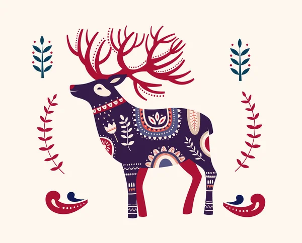 Skandinavische Weihnachtsillustration Mit Weihnachtshirschen — Stockvektor